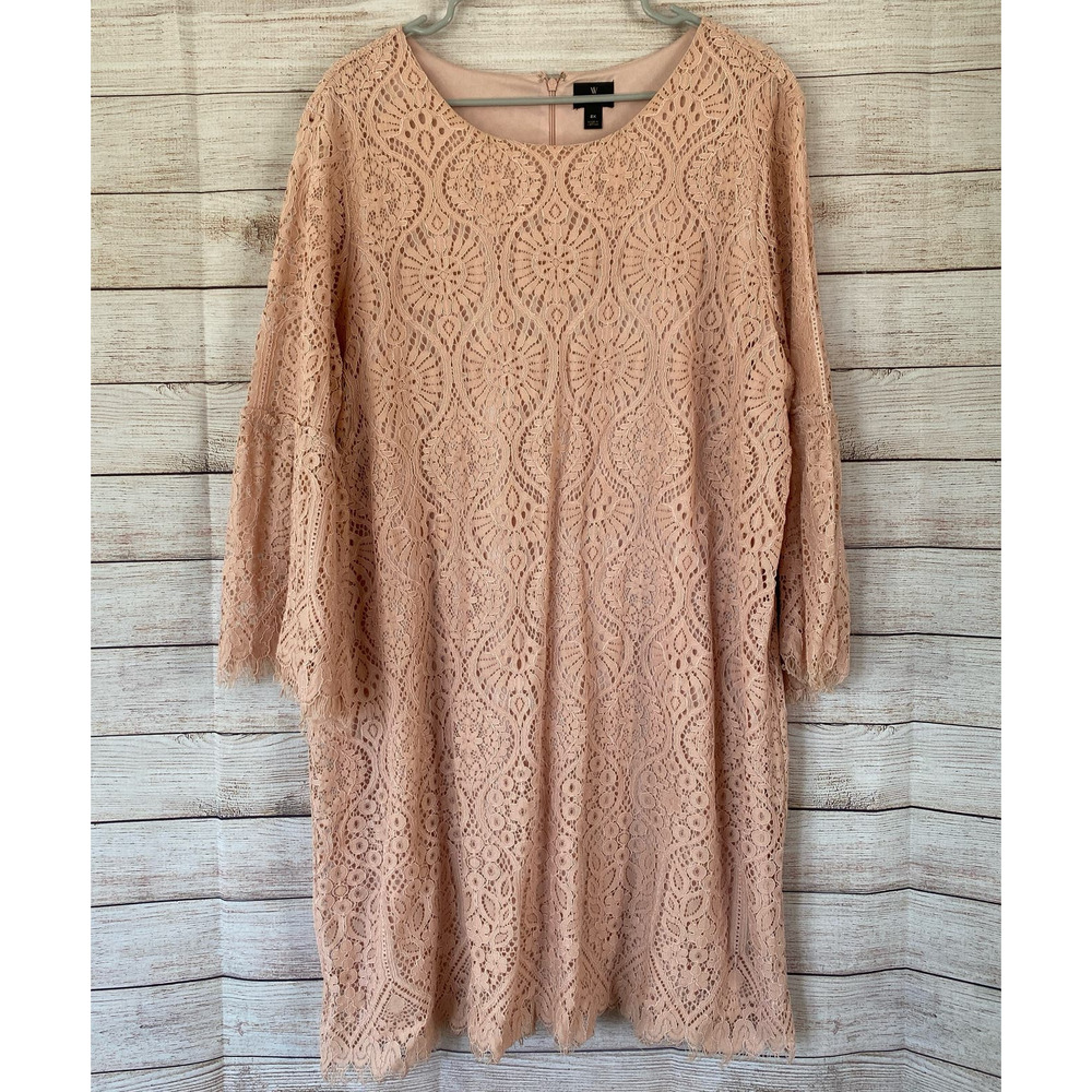 Worthington Womens Lace Peachy Pink Shift Dress Size 2X Plus Spring Easter